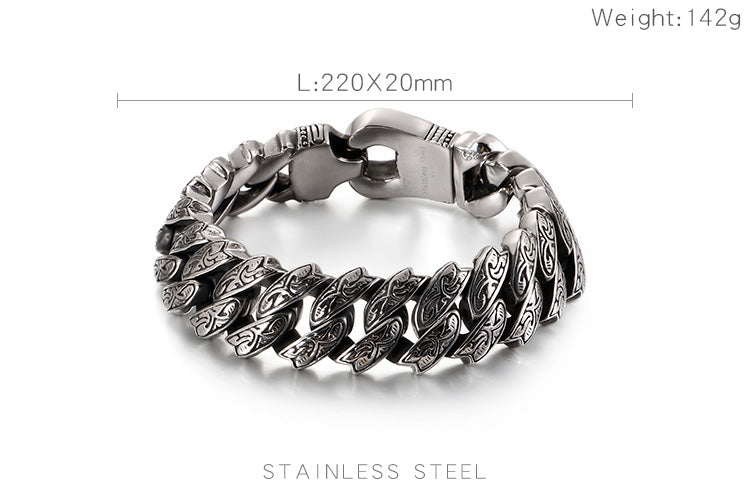 Maori Engraving Cuban Link Chain Bracelet with Tab Closure