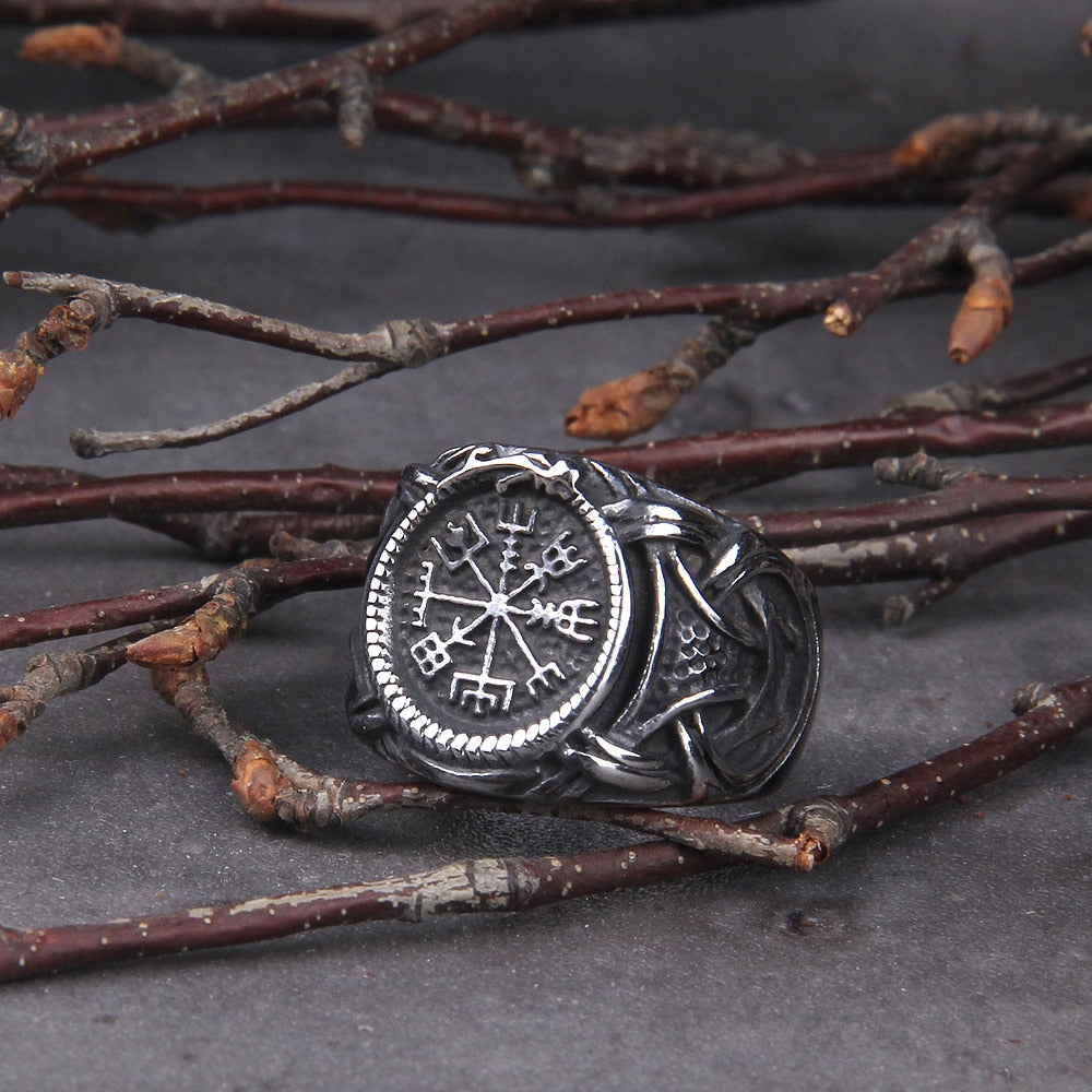 Vegvisir Jormungandr Knotwork Ring in Black, Silver, Gold, and More