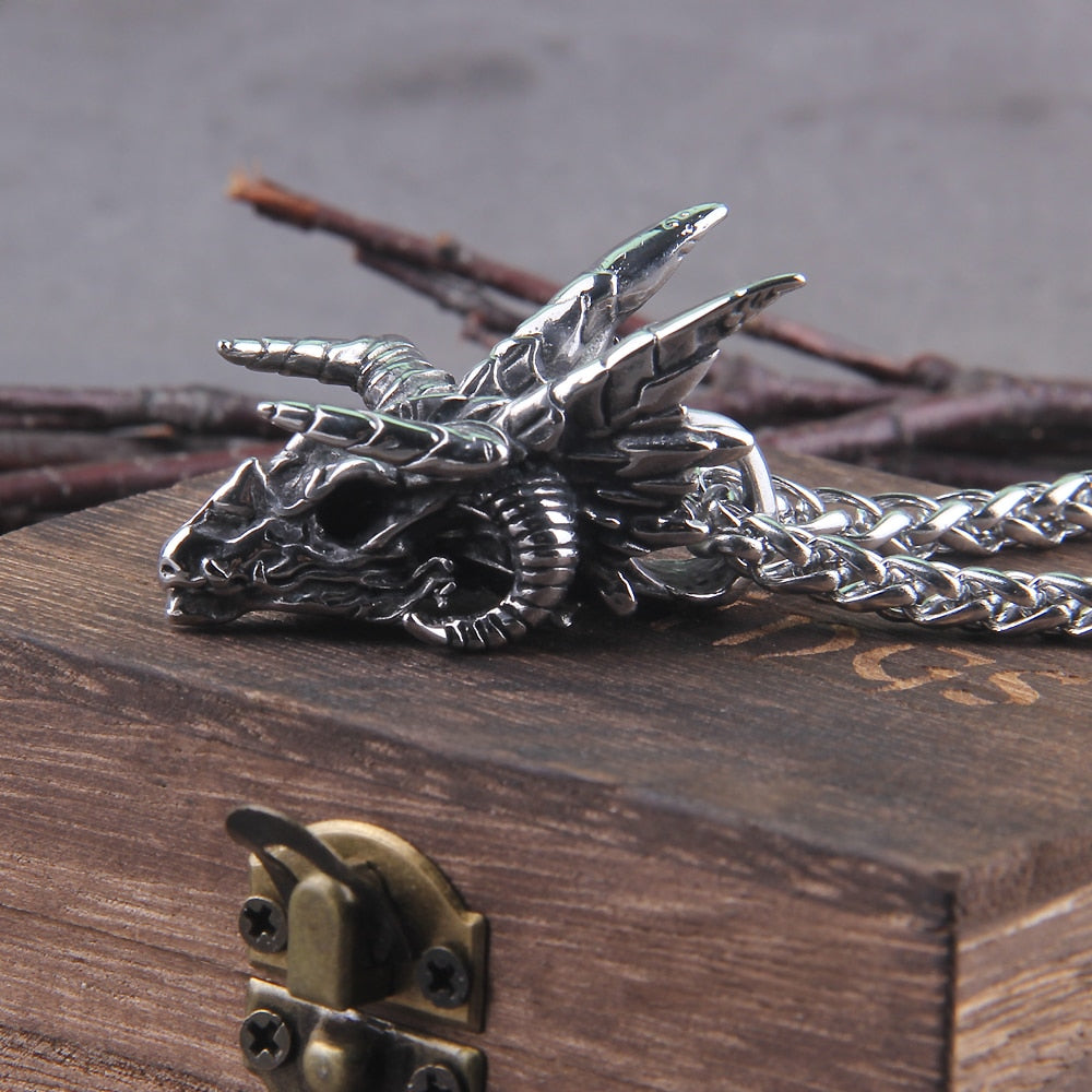 Nidhogg Corpse Eater Dragon Skull Steel Pendant Necklace