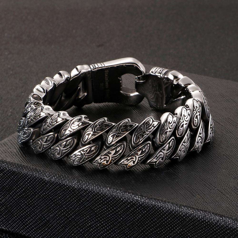 Maori Engraving Cuban Link Chain Bracelet with Tab Closure