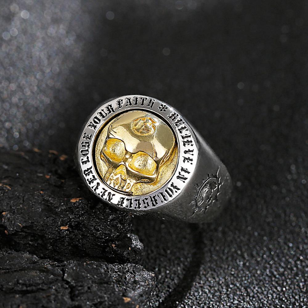 Silver and Gold Rune Skull Signet Ring