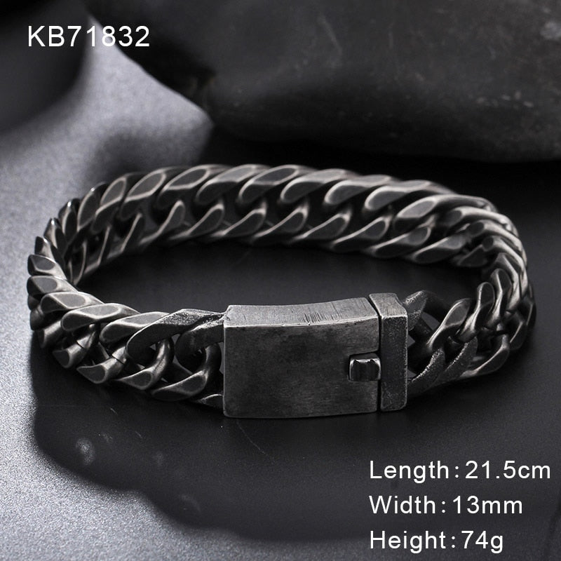 Black Steel Tab Closure Cuban Chain Bracelet