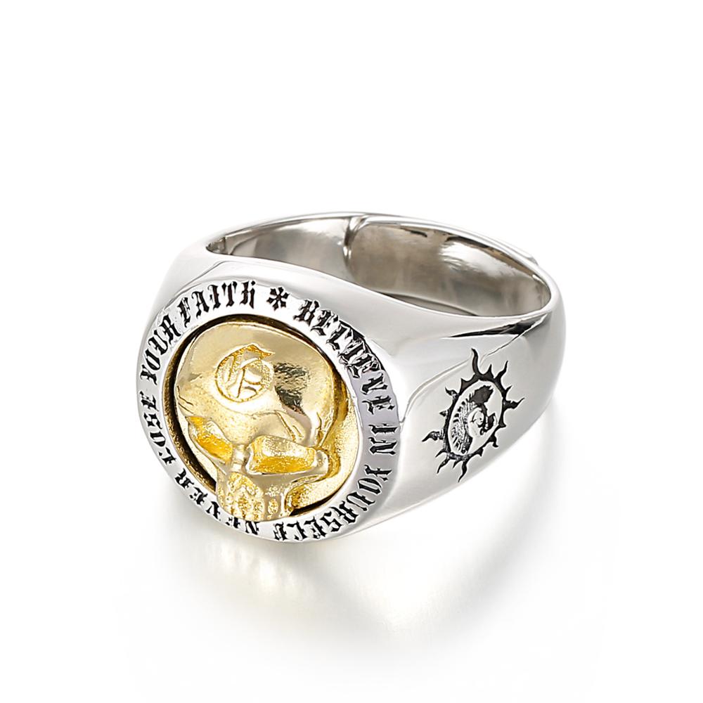 Silver and Gold Rune Skull Signet Ring