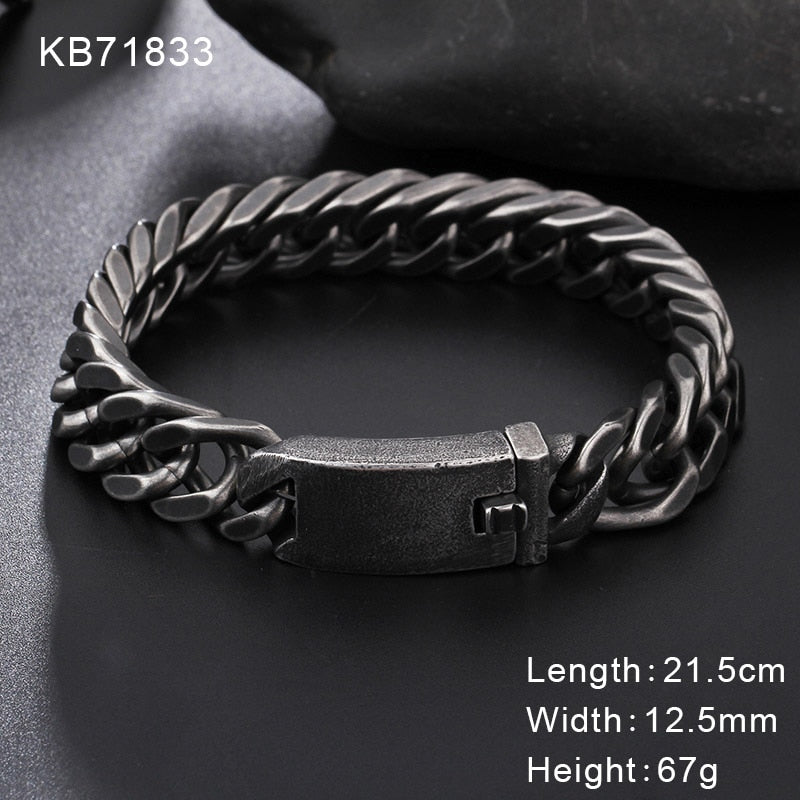 Black Steel Tab Closure Cuban Chain Bracelet