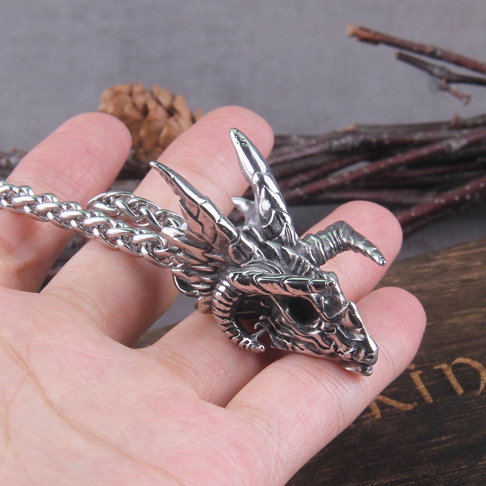 Nidhogg Corpse Eater Dragon Skull Steel Pendant Necklace