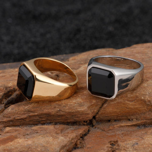 Black Gemstone Steel Signet Ring