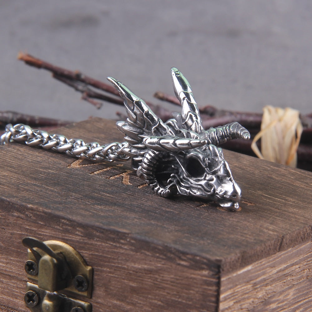 Nidhogg Corpse Eater Dragon Skull Steel Pendant Necklace