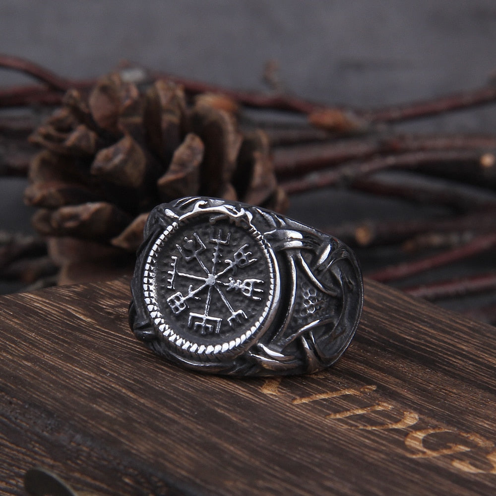 Vegvisir Jormungandr Knotwork Ring in Black, Silver, Gold, and More