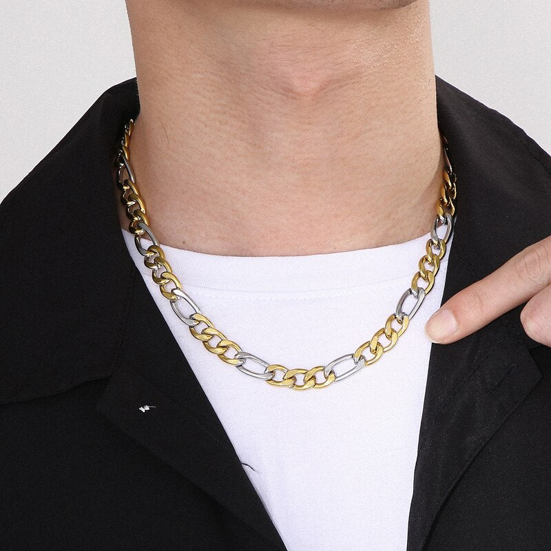 Gold and Silver Figaro Chain Tab Closure Necklace