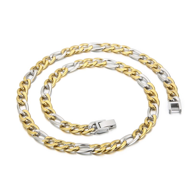 Gold and Silver Figaro Chain Tab Closure Necklace