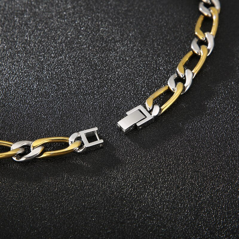 Gold and Silver Figaro Chain Tab Closure Necklace